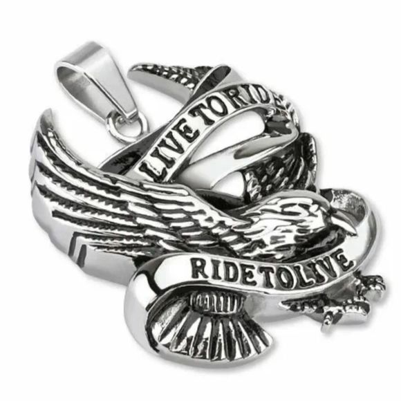 22 inch Necklace Pendant of Eagle in Flight with Banner Live to Ride Slogan - Picture 2 of 5
